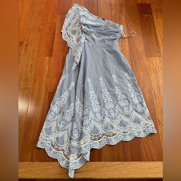 NWOT BCBGMAXAZRIA BCBG One Shoulder Embroidered Stripe Dress Blue Combo Size 14 - Picture 10 of 14